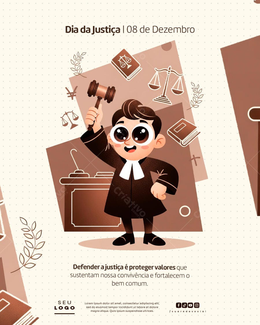 Post Dia da Justiça 08 Dezembro Juiz com Martelo e Balança PSD Editável