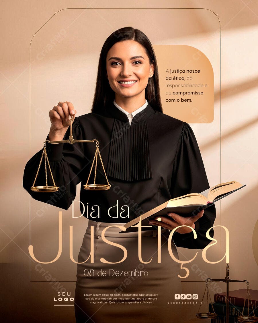 Flyer Dia da Justiça com Advogada e Balança Dourada PSD Editável