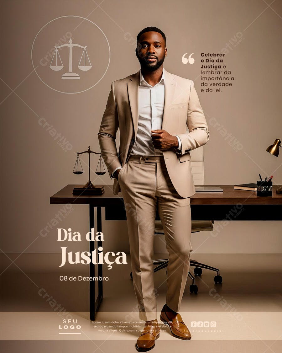 Post Social Dia da Justiça 08 Dezembro Advogado Terno Bege PSD Editável