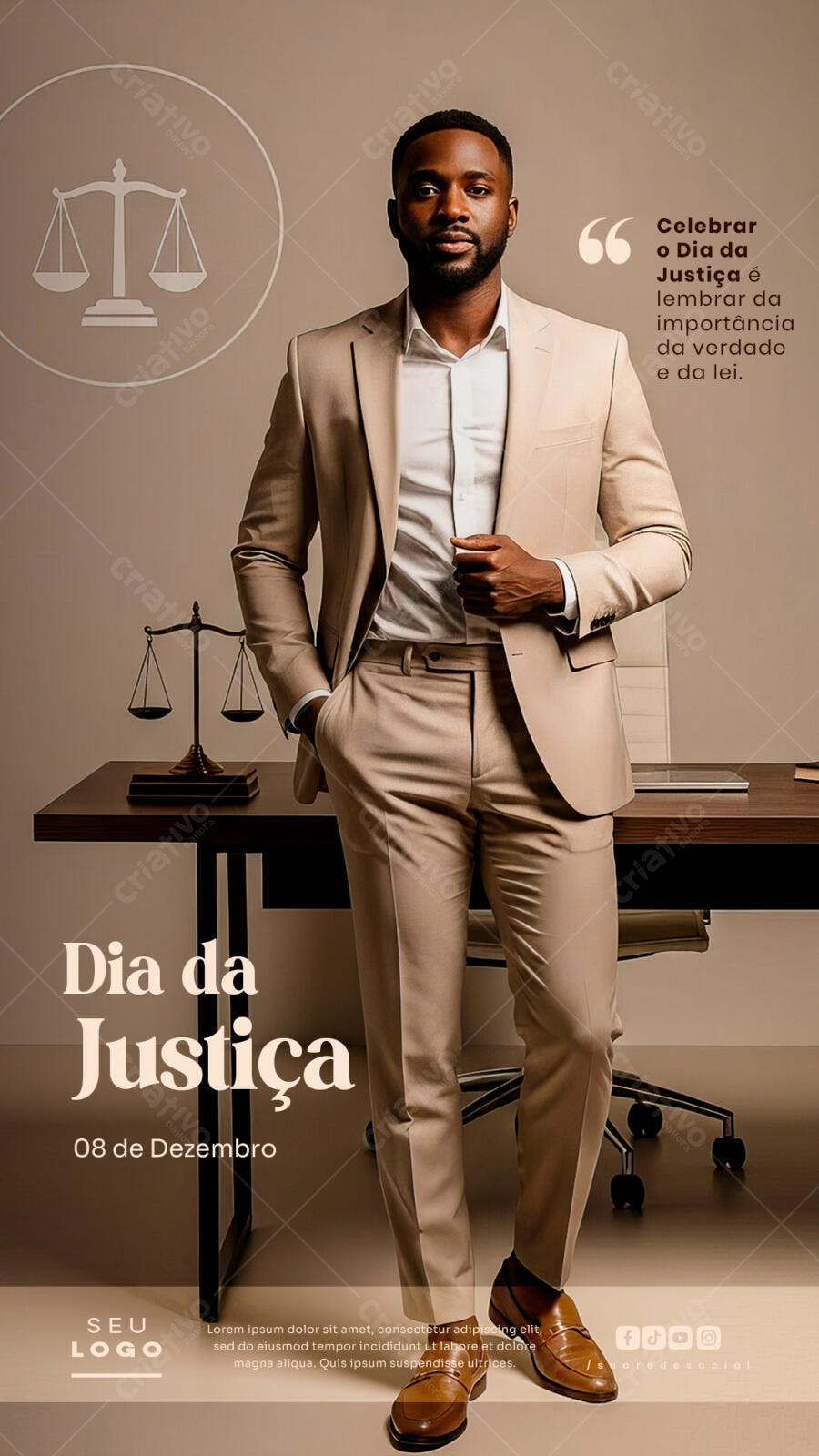 Post Redes Sociais Dia da Justiça Advogado Terno Bege PSD Editável