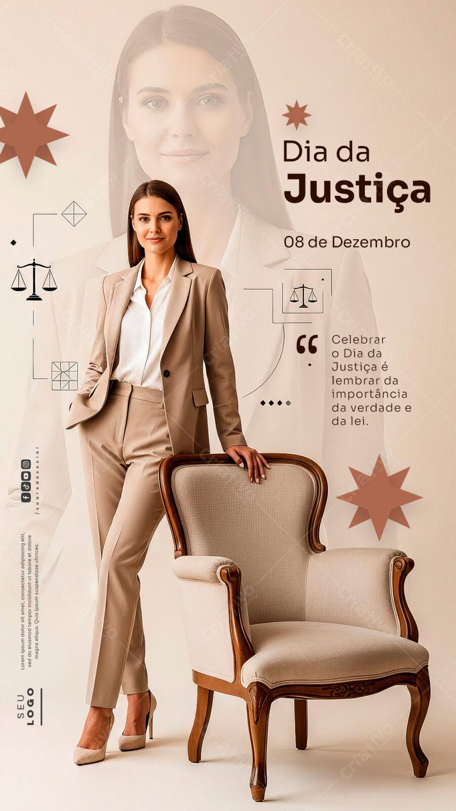 Flyer Dia da Justiça Mulher Advogada Terno Bege PSD Editável