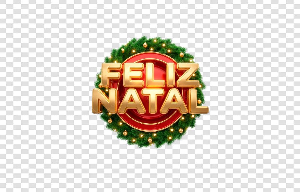Selo 3D de Feliz Natal festivo com guirlanda e letras douradas metálicas