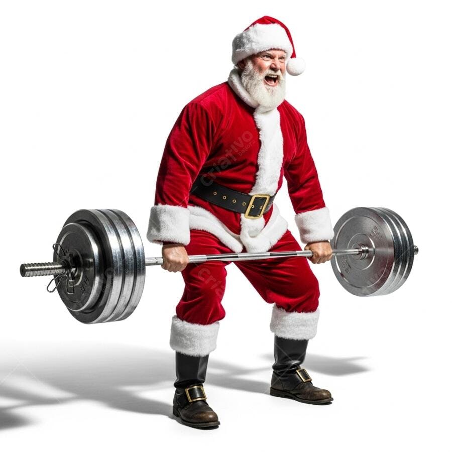 Papai Noel forte levantando peso com roupa vermelha natalina