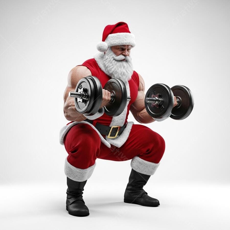Papai Noel musculoso levantando halteres em agachamento no estúdio