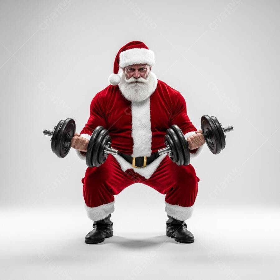 Papai Noel forte e bravo fazendo agachamento com halteres em estúdio