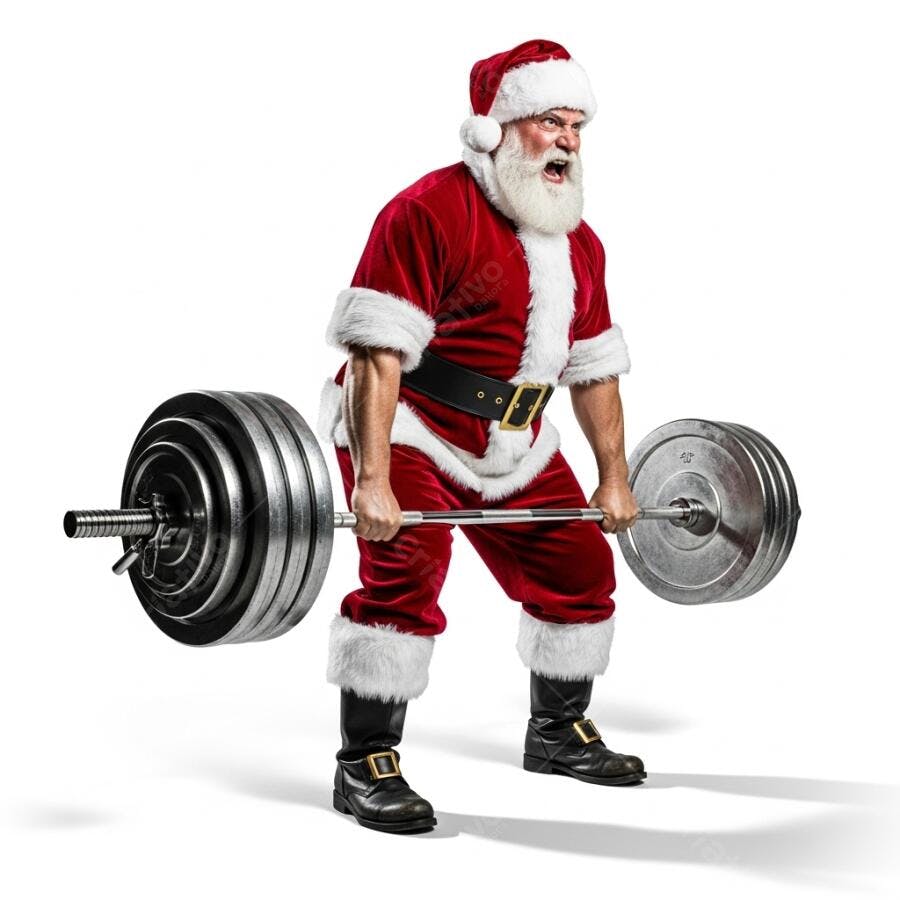 Papai Noel forte levantando peso com barra no estúdio para o Natal