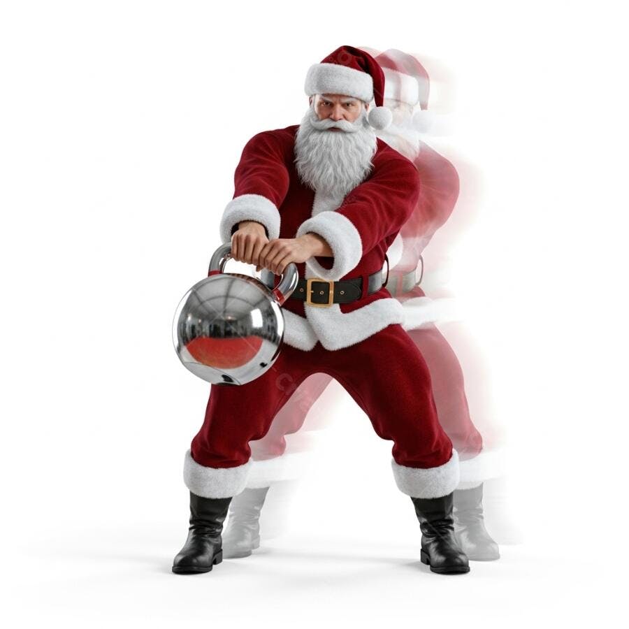 Papai Noel forte levantando kettlebell prateado para o Natal