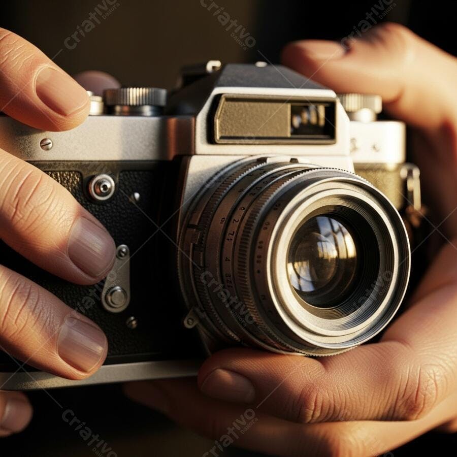 Mãos segurando câmera fotográfica analógica vintage com lente prateada