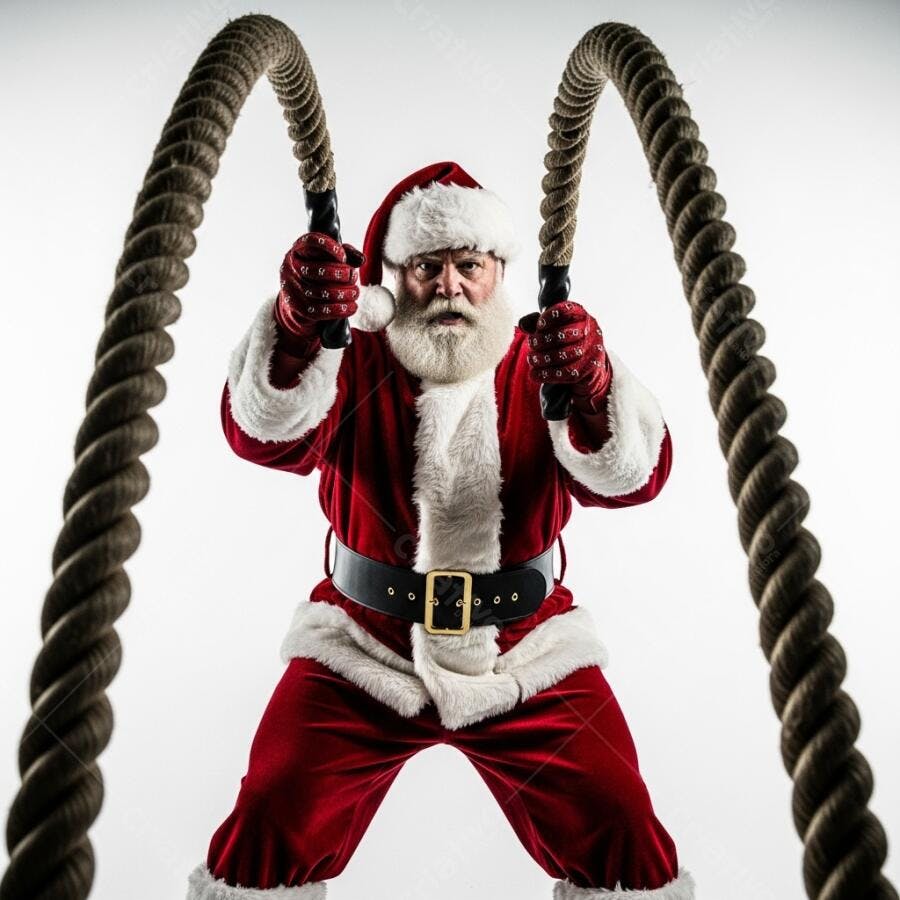 Papai Noel forte exercitando-se com cordas de batalha em estúdio branco