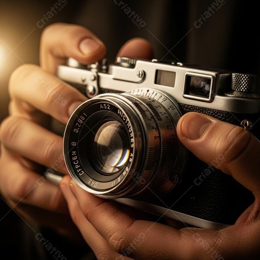 Fotógrafo segurando câmera analógica vintage prateada com lente detalhada