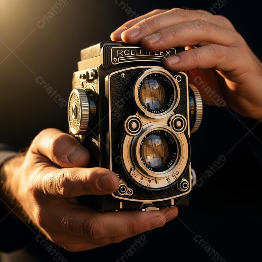 Mãos segurando câmera fotográfica Rolleiflex vintage em estúdio escuro