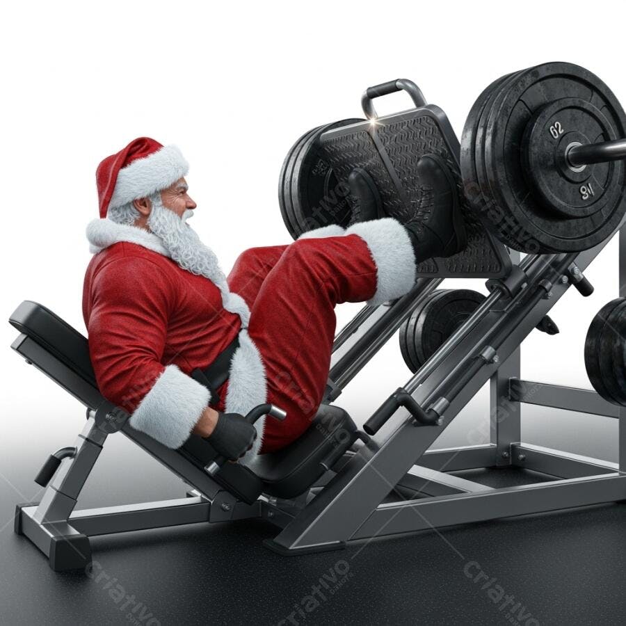 Papai Noel musculoso de roupa vermelha fazendo leg press em academia