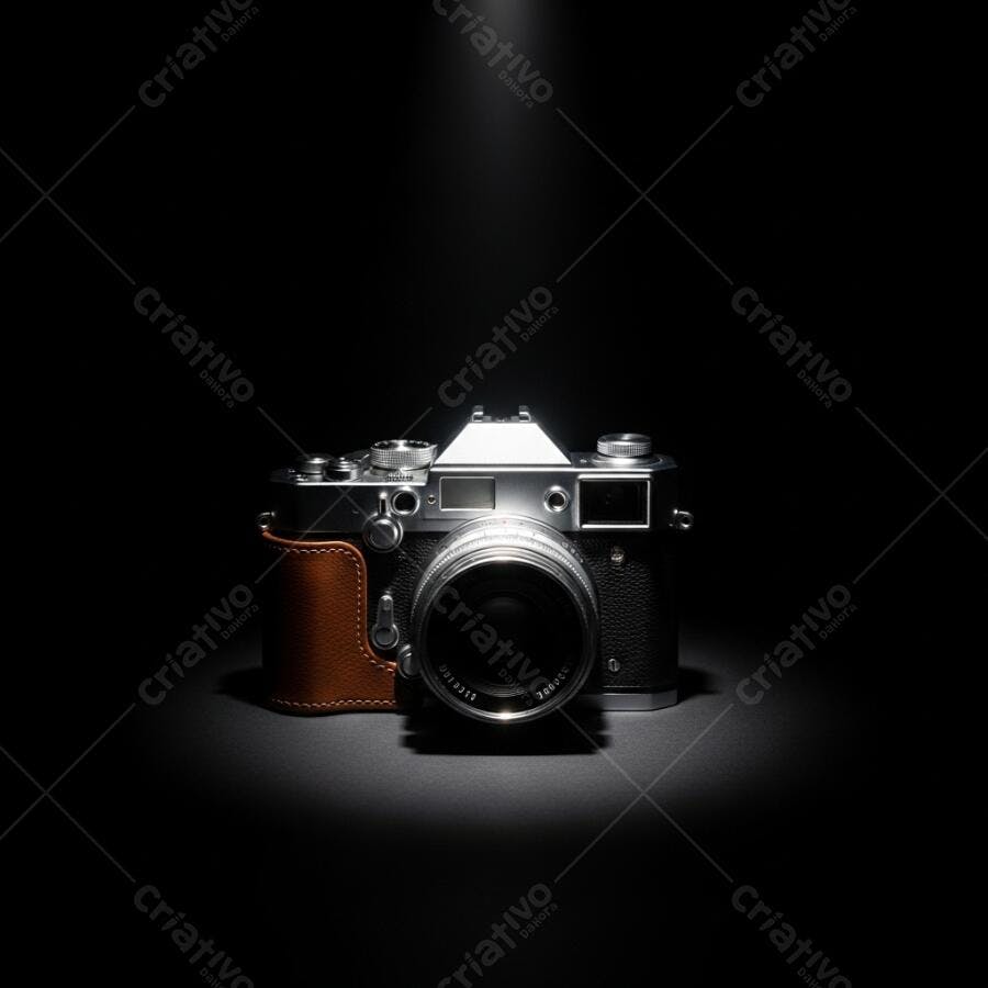Câmera fotográfica vintage analógica prata e preta com capa de couro marrom