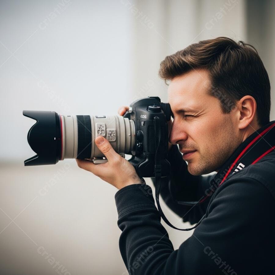 Fotógrafo caucasiano com câmera profissional preta e lente branca em ação
