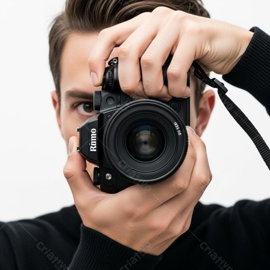 Homem fotógrafo com câmera preta rumo e suéter escuro em estúdio