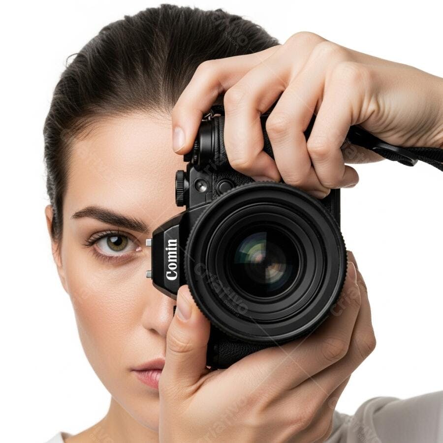 Fotógrafa profissional caucasiana com câmera preta moderna em estúdio branco