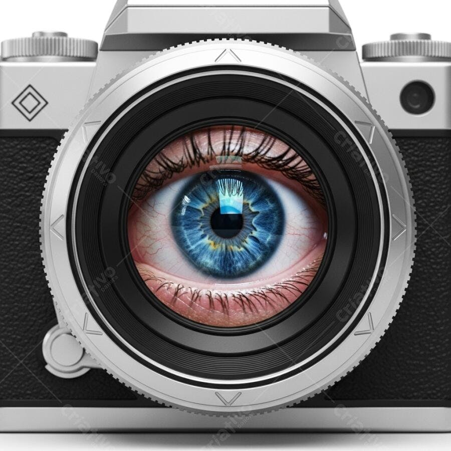Olho humano azul vibrante dentro da lente de uma câmera fotográfica vintage