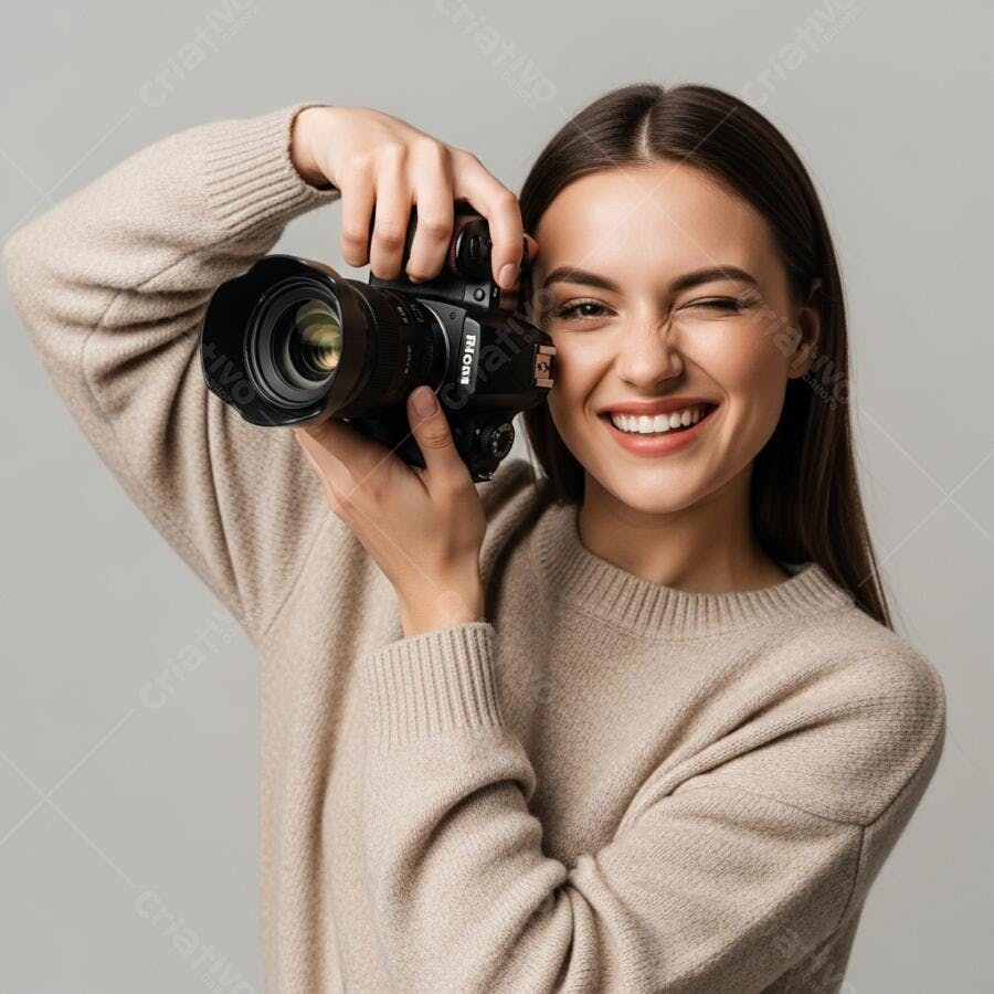 Mulher fotógrafa sorrindo e piscando com câmera DSLR em estúdio claro