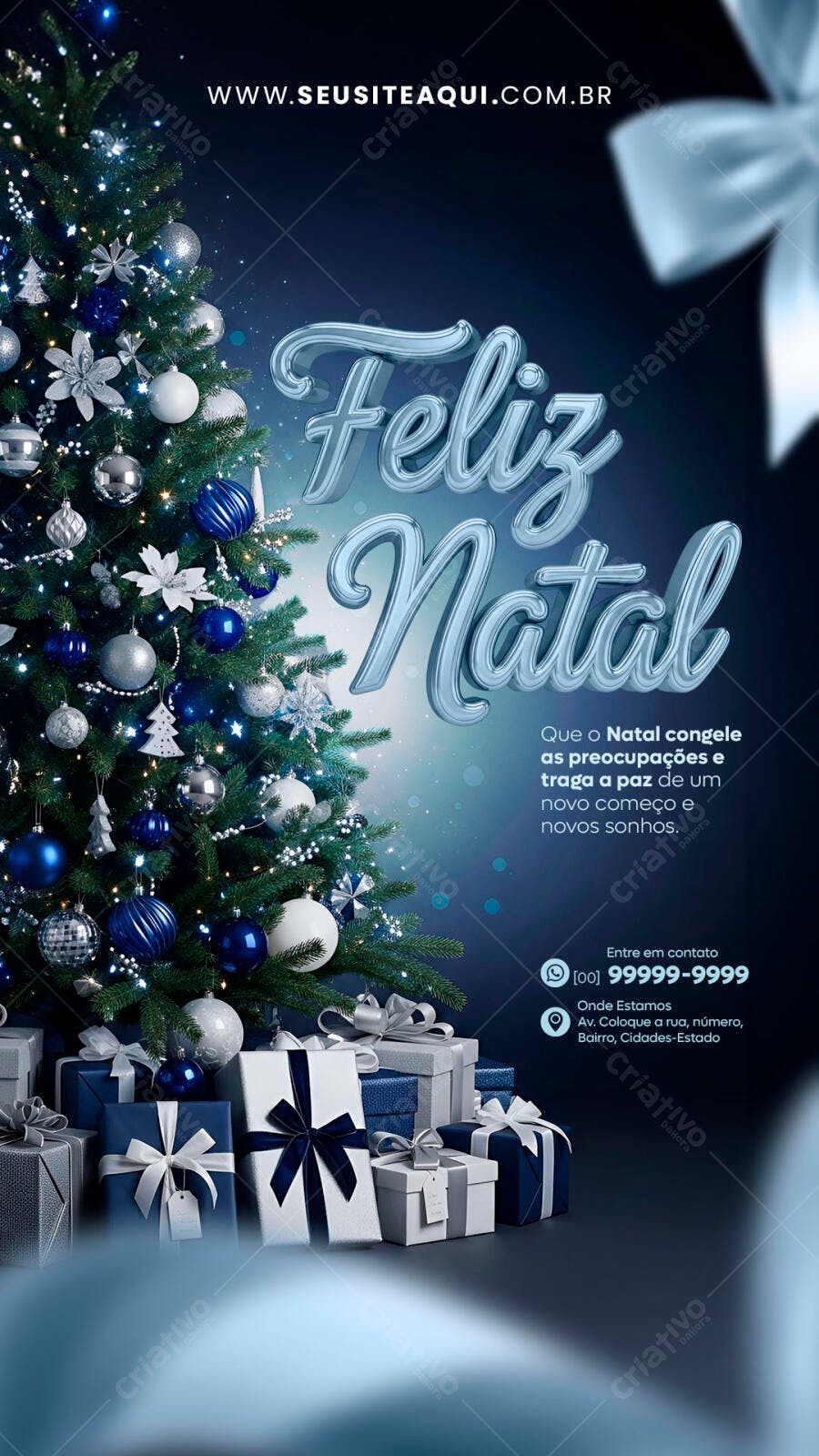 Post Instagram Natal Azul Prata Feliz Natal Árvore Presentes PSD Editável