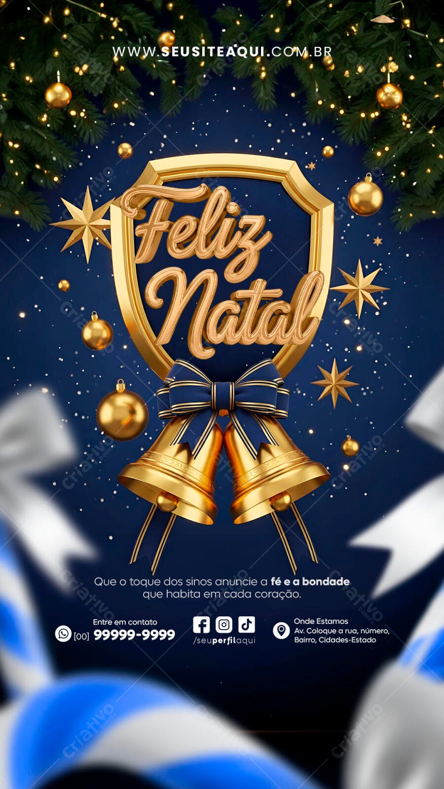 Flyer Feliz Natal Dourado com Sinos e Estrelas PSD Editável