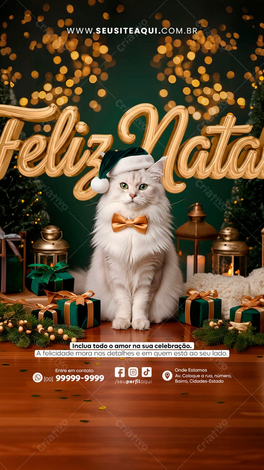 Flyer Feliz Natal Gato Branco Fofo Presentes Verdes PSD Editável