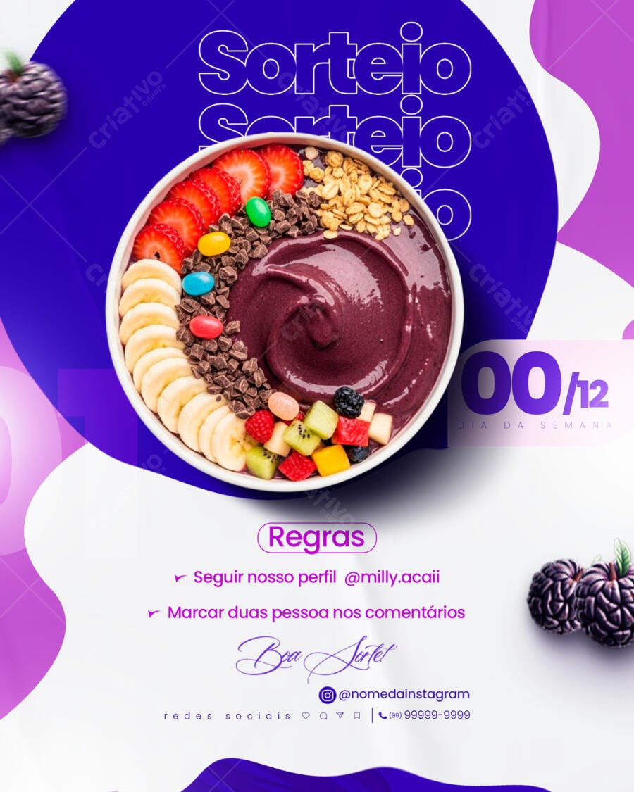 Post Redes Sociais Sorteio Açaí Tigela Frutas Granola PSD Editável