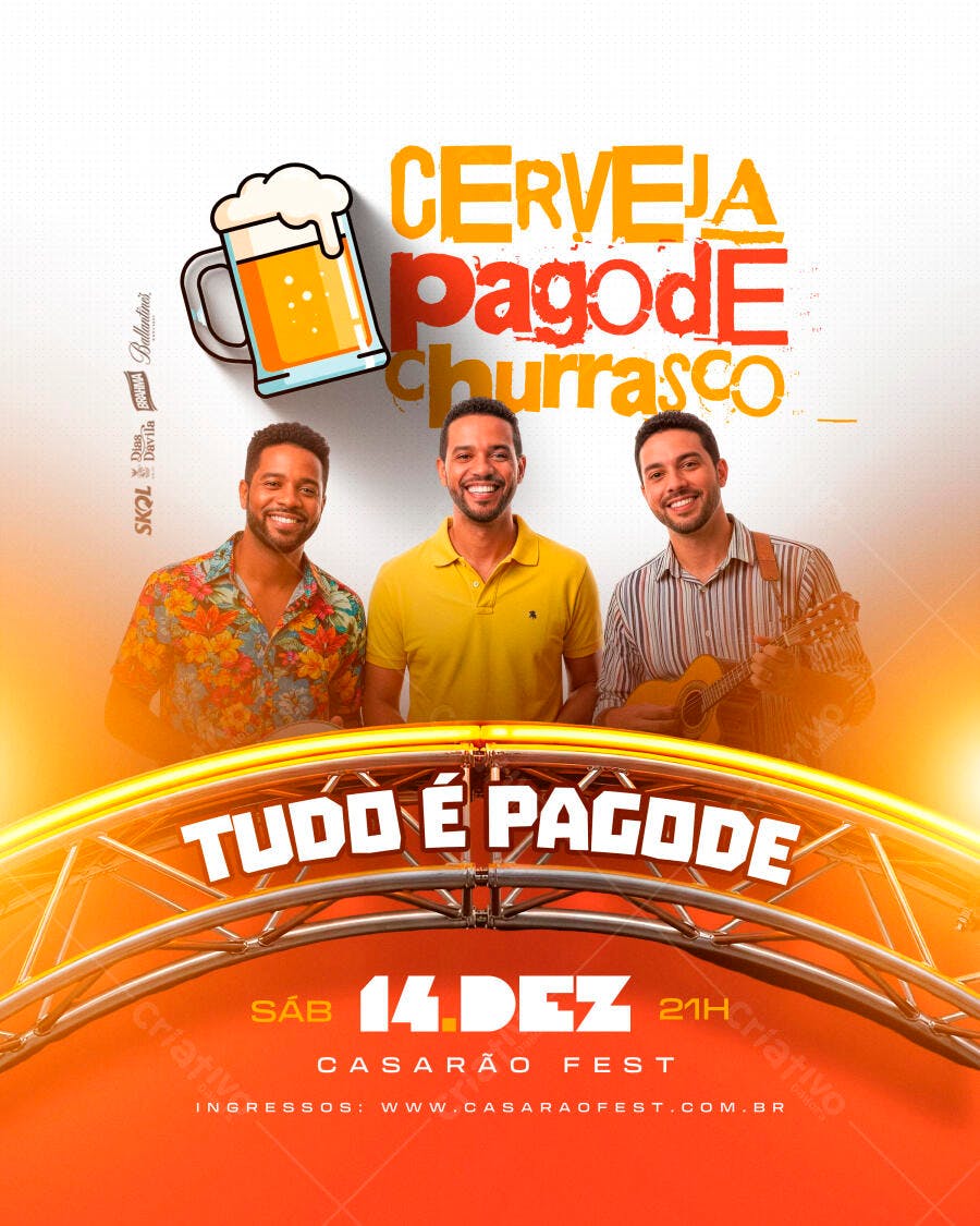 Flyer TUDO É PAGODE Cerveja e Churrasco Casarão Fest PSD Editável