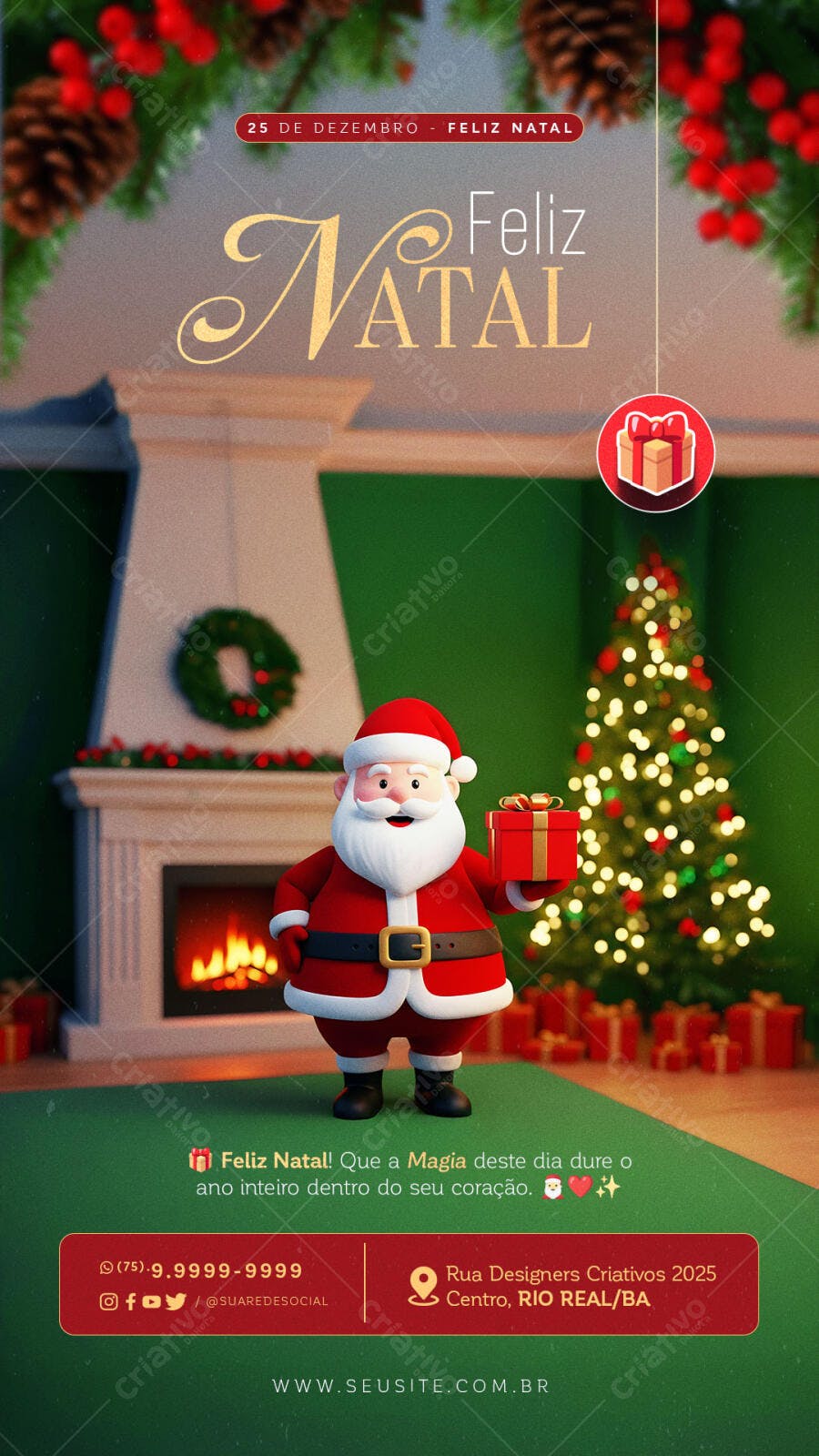 Flyer Feliz Natal Papai Noel 3D Lareira PSD Editável