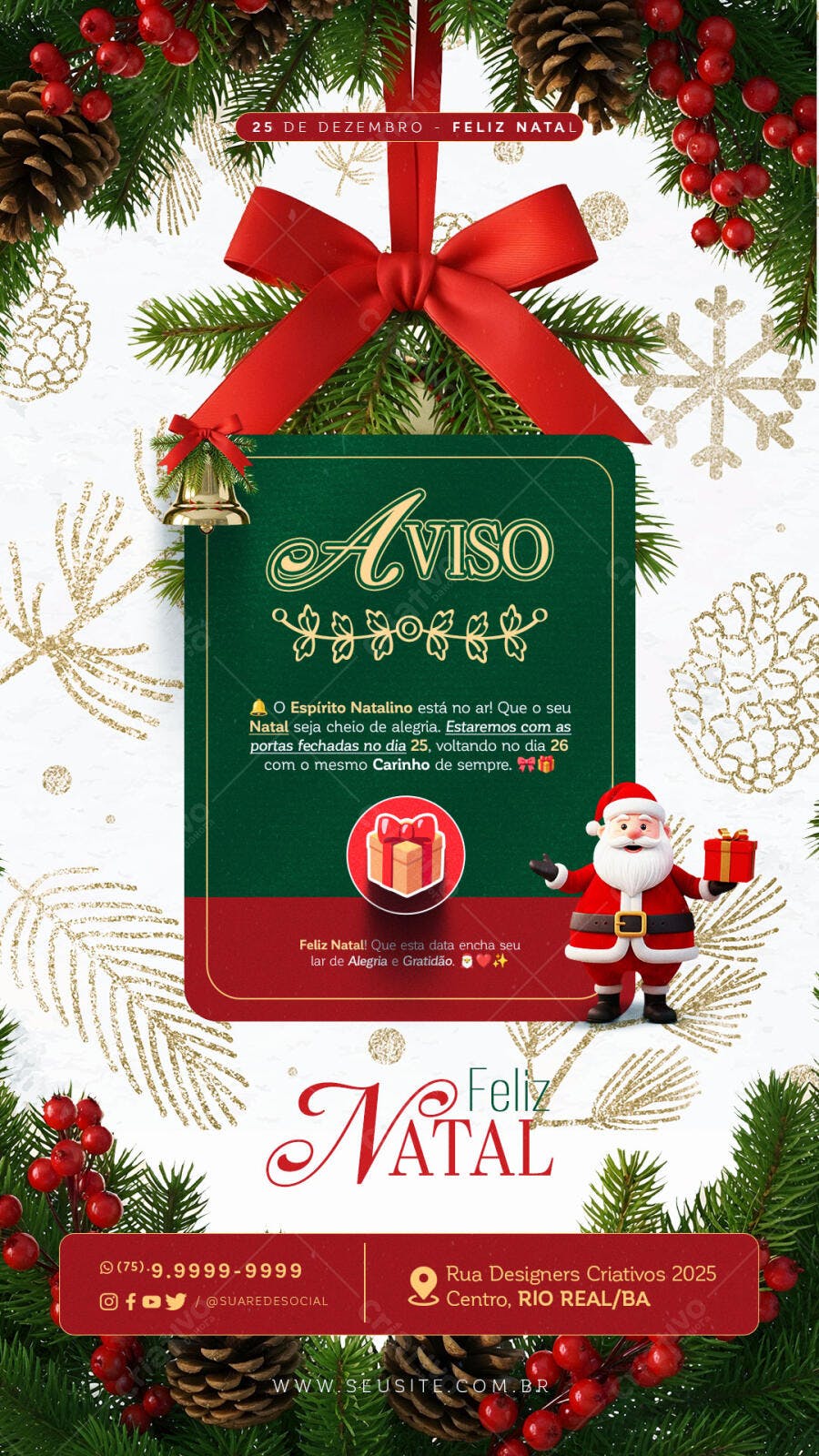 Post Redes Sociais Feliz Natal Aviso Fechamento 25 Dezembro PSD Editável