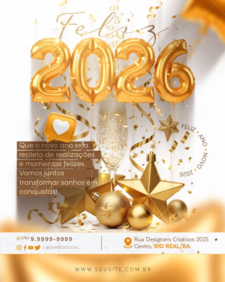Post para Redes Sociais Feliz Ano Novo 2026 PSD Editável