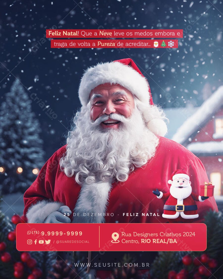 Flyer Mensagem Natalina Papai Noel Neve Feliz Natal PSD Editável