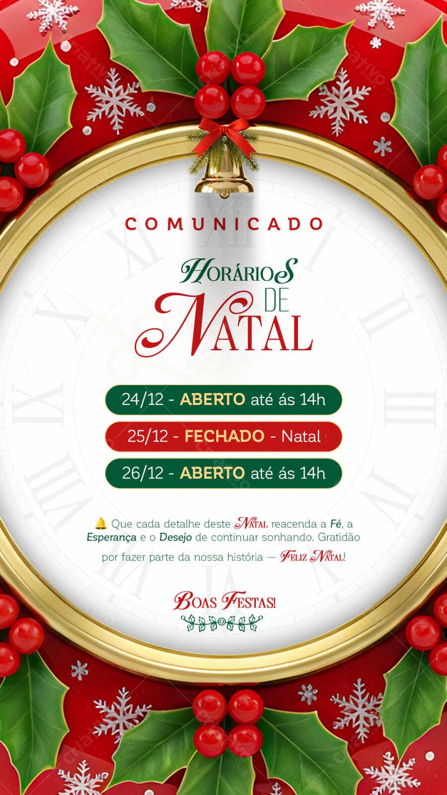 Comunicado Horários de Natal com Sino Dourado e Azevinho PSD Editável