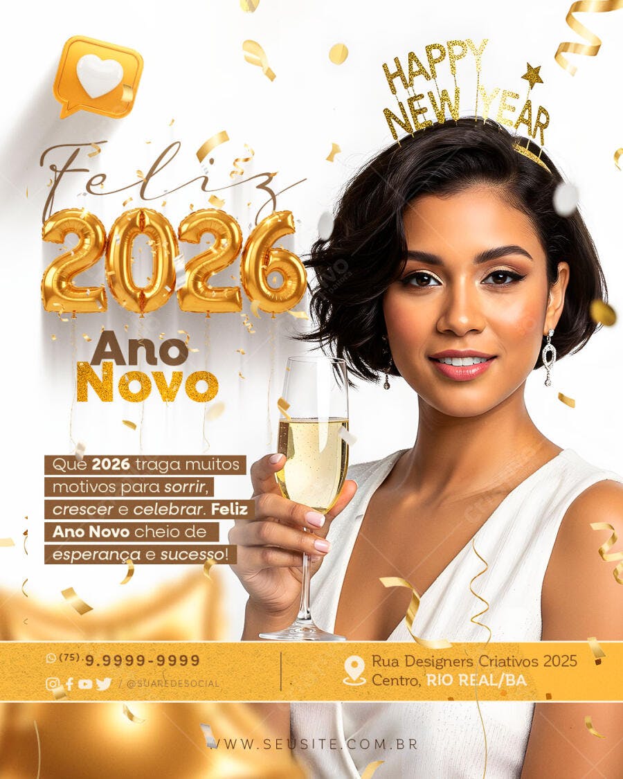 Flyer Feliz 2026 Ano Novo Mulher Brindando Ouro PSD Editável