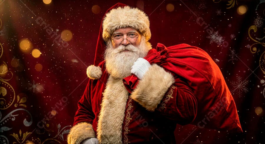Papai Noel de barba branca e óculos com saco de presentes em fundo natalino festivo