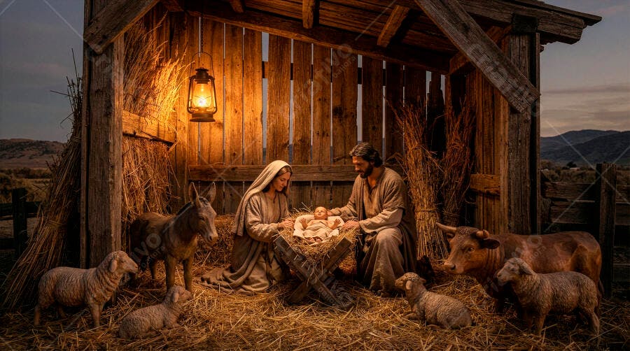 Nascimento de Jesus Cristo em manjedoura com Maria José e animais
