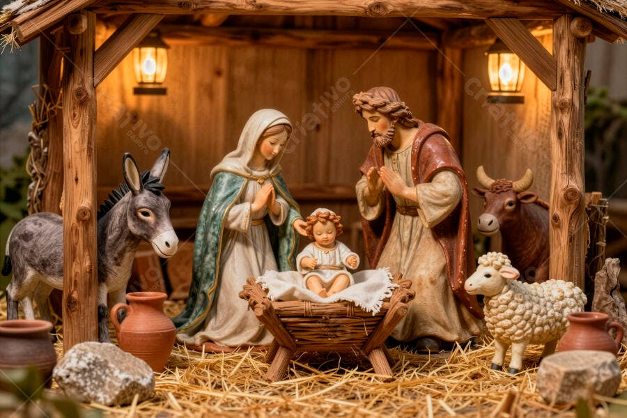 Presépio da Sagrada Família com Maria José e Menino Jesus em estábulo de Natal