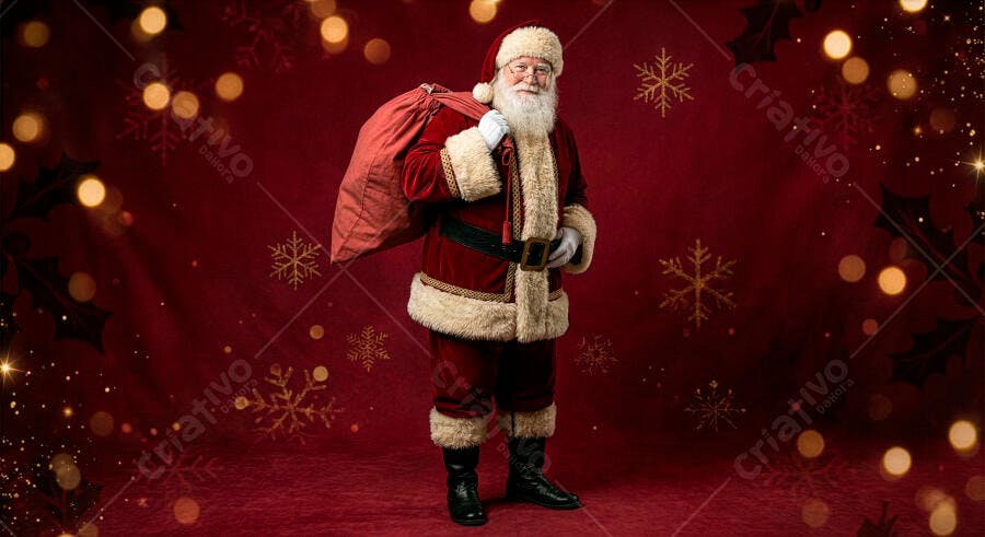 Papai Noel sorridente com barba branca e saco de presentes em fundo natalino vermelho