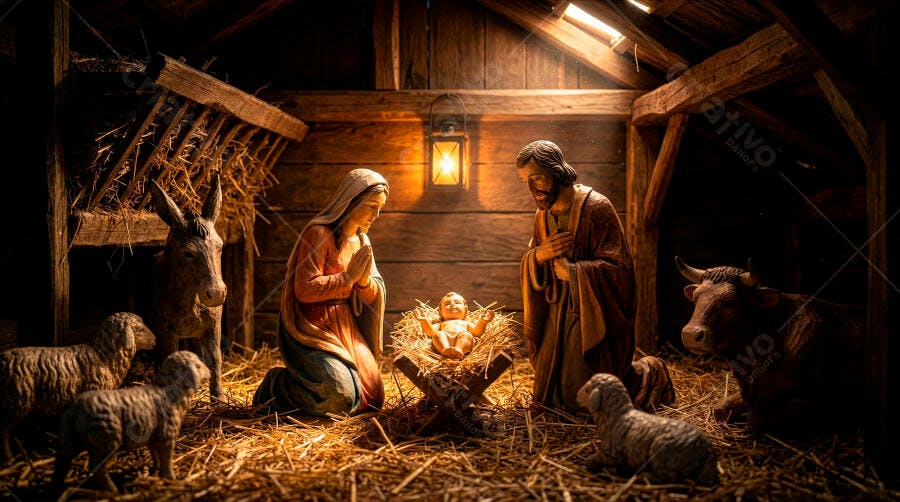 Presépio de Natal tradicional com Maria José e o Menino Jesus na manjedoura