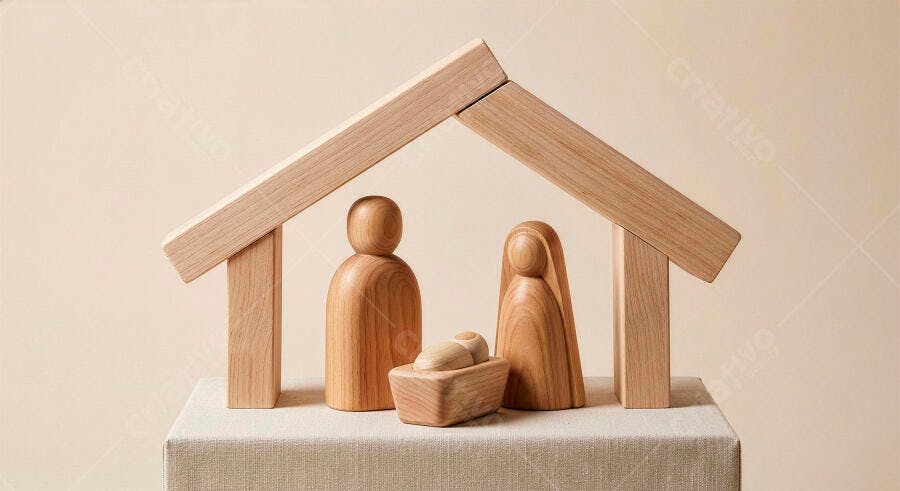 Presépio minimalista de madeira Sagrada Família com tons claros para o Natal