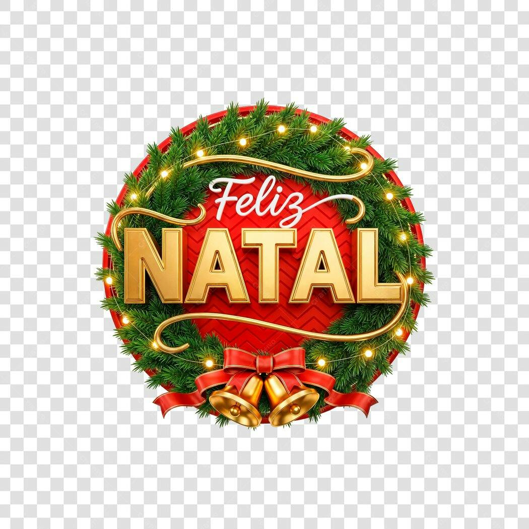 Selo Feliz Natal 25 de Dezembro guirlanda sinos dourados vermelho verde PNG com fundo transparente