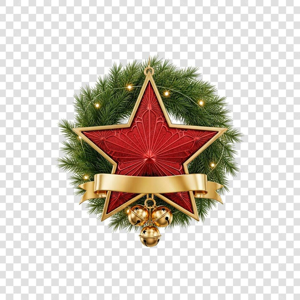Emblema Natalino Estrela Vermelha Guirlanda Luzes Sinos PNG com fundo transparente