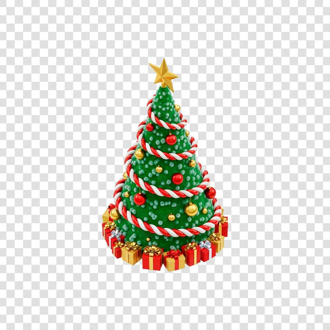 Árvore de Natal Decorada 3D com presentes dourados e vermelhos PNG com fundo transparente
