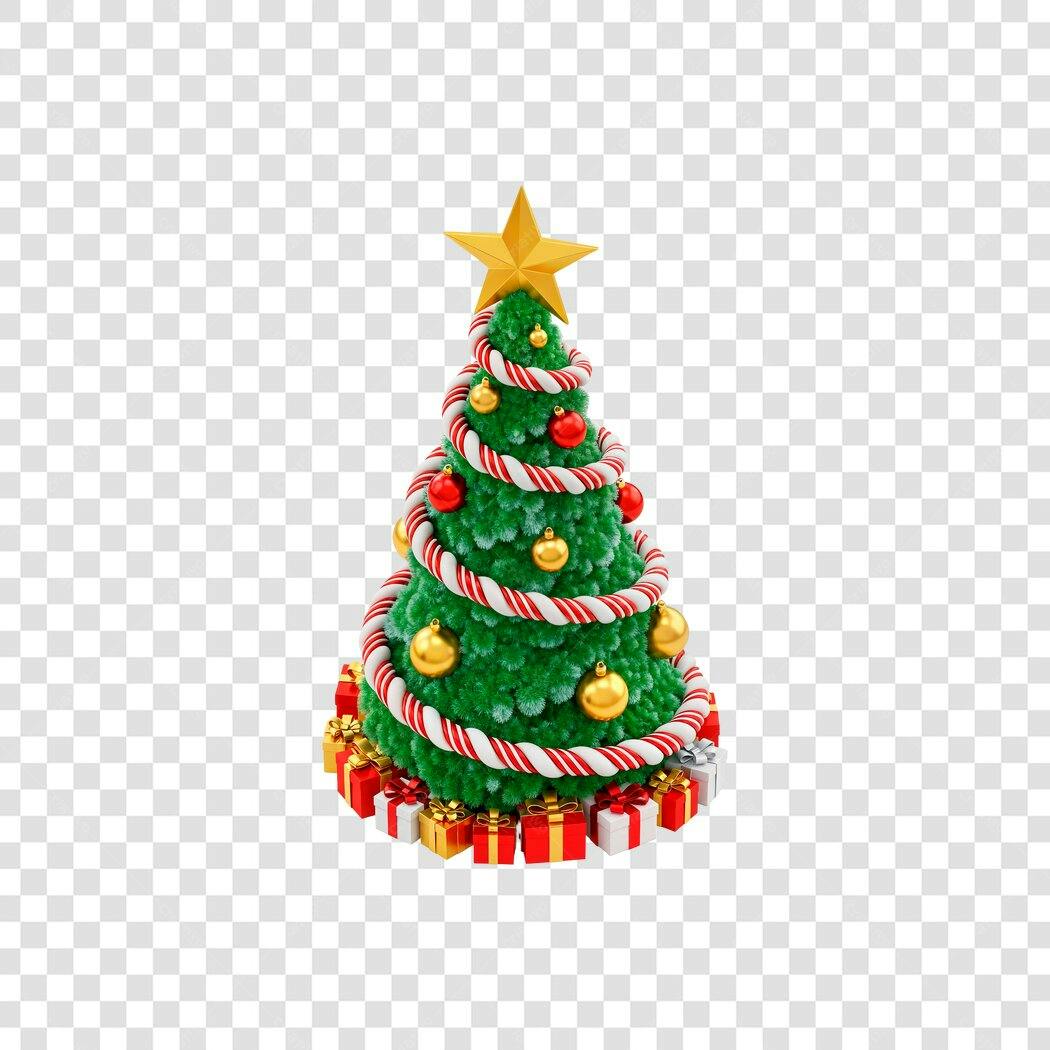 Elemento 3D Árvore de Natal com Presentes Dourados e Vermelhos PNG com fundo transparente