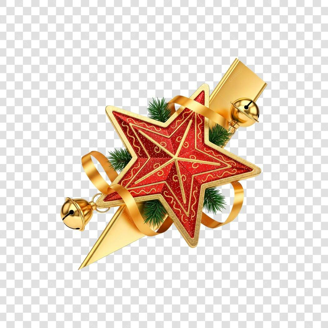 Gráfico de Natal estrela vermelha sinos dourados pinho PNG com fundo transparente