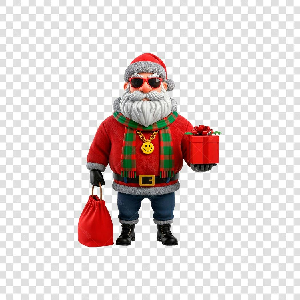Ilustração 3D Papai Noel Moderno com Óculos e Presentes PNG com fundo transparente