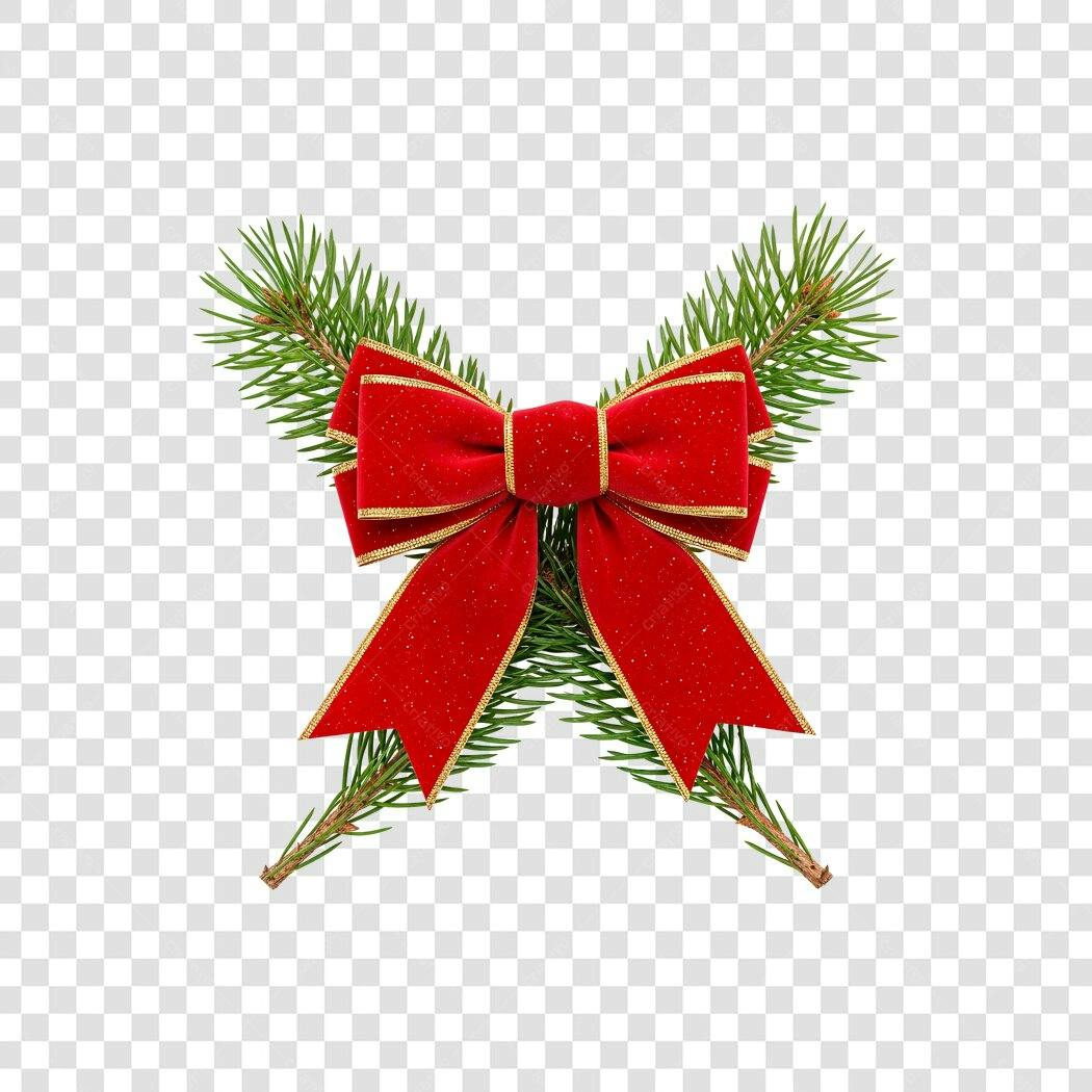 Decoração de Natal laço vermelho com glitter dourado galhos de pinho PNG com fundo transparente