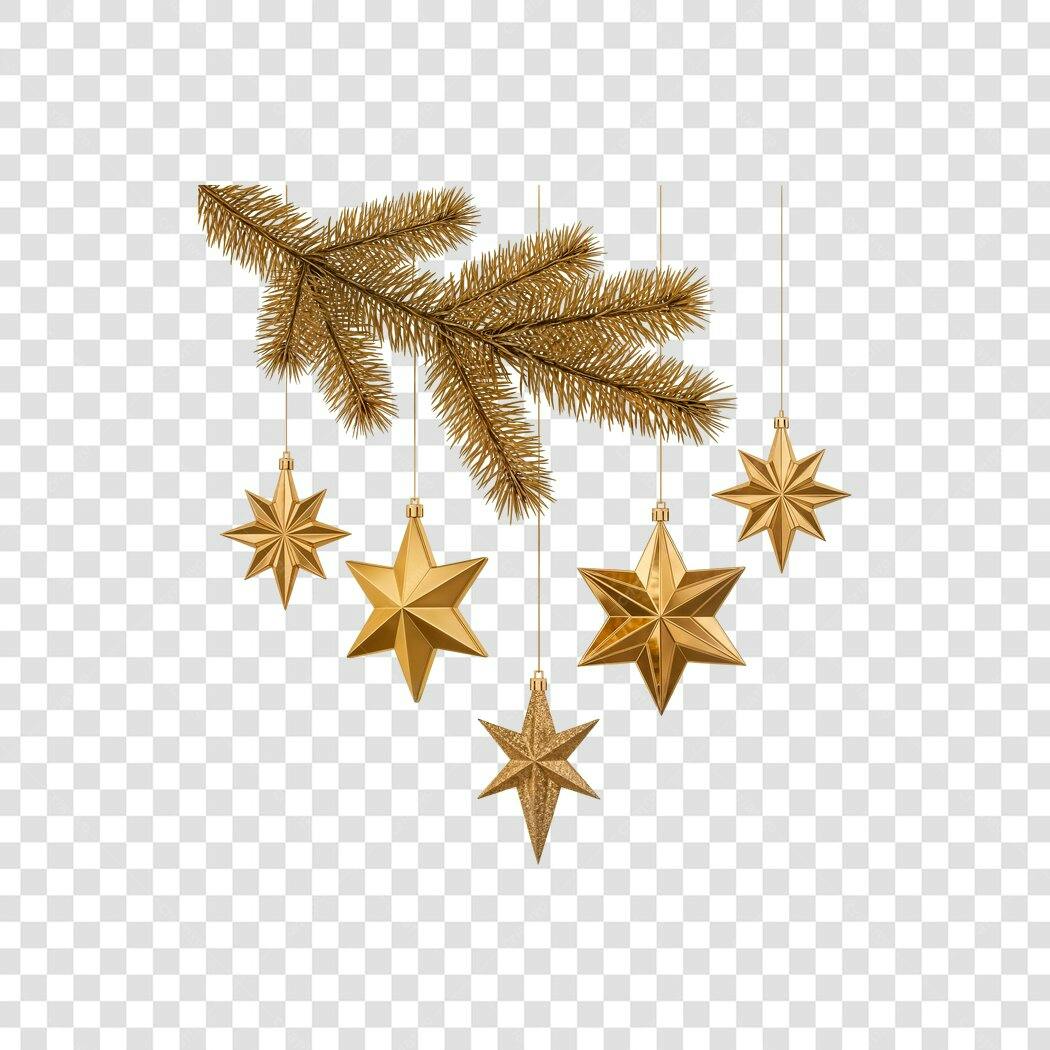 Decoração de Natal Galho e Estrelas Douradas Festivas PNG com fundo transparente