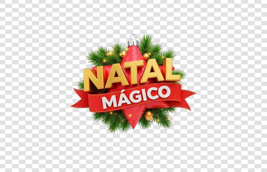 Selo 3D comemorativo de Natal dourado e vermelho com folhagem verde festiva e estrela