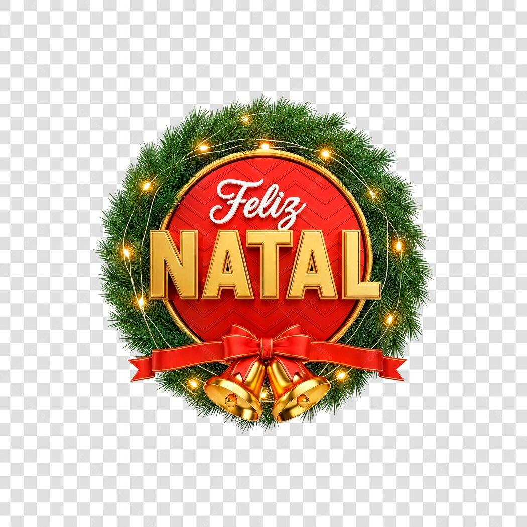 Selo Feliz Natal 25 de Dezembro Coroa Natalina Sinos Dourados PNG com fundo transparente