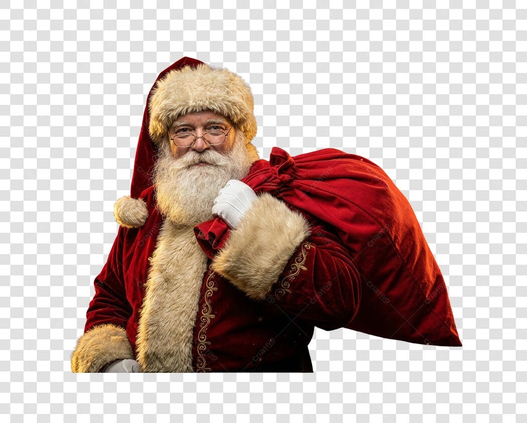 Imagem Papai Noel barbudo com óculos saco de presentes Feliz Natal PNG com fundo transparente